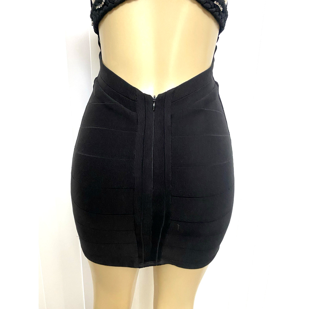 SKY Dress Mini Bandage Sleeveless V Neck Sheath Bodycon Black Embellished XS - Picture 8 of 10